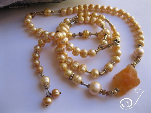 Gold Pearl and Carnelian Necklace with Tourmaline