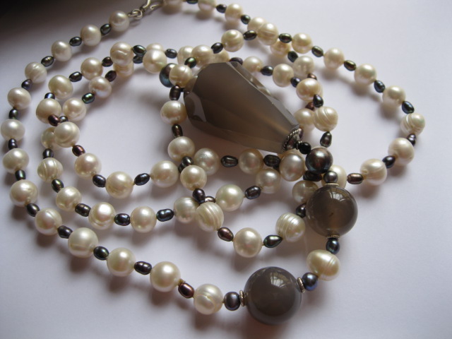 Long Pearl Necklace with Grey Agate Feature Stones