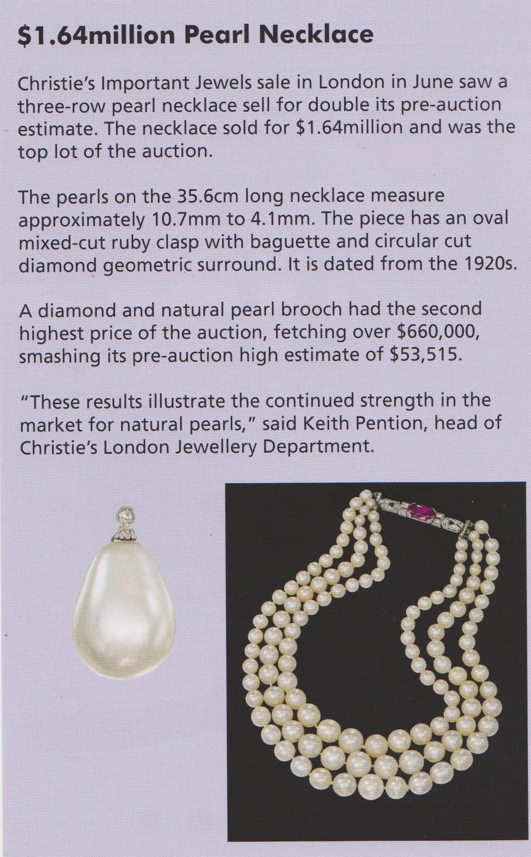 Christie’s of London Jewel sale in June fetched 1.64 M for a pearl necklace