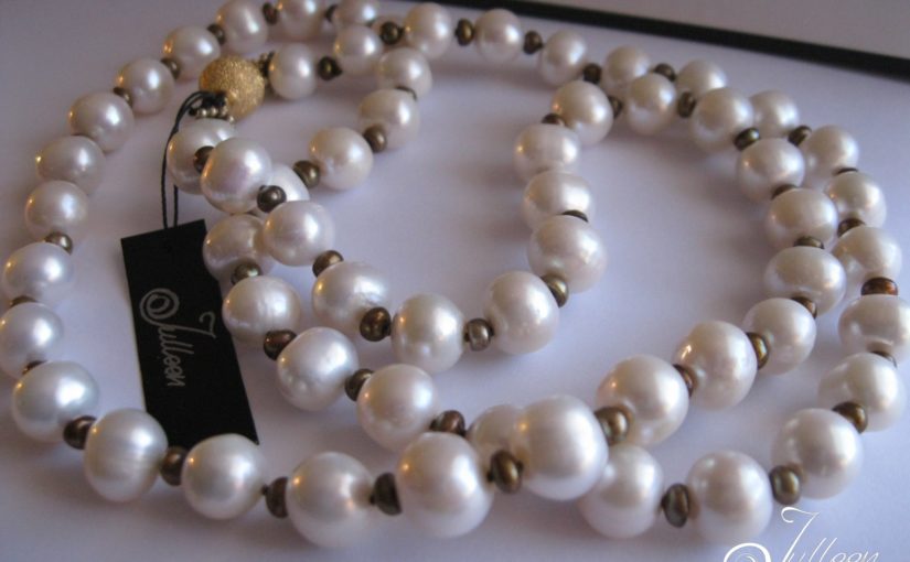 Cocktail Length White and Bronze Pearl Necklace with Gold Vermeil