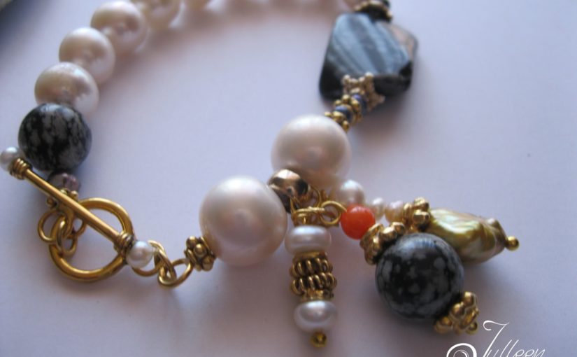 White Pearl Bracelets with Gemstone Dangle Charms